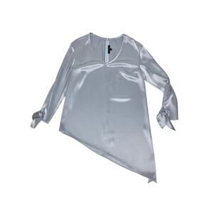 St. John Light Blue Asymmetrical Silk Blend Blouse V Neck S